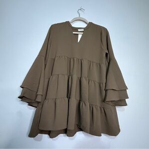 Zenana Outfitters Mocha Long Sleeved Tiered Dress. Sz S. NWT.